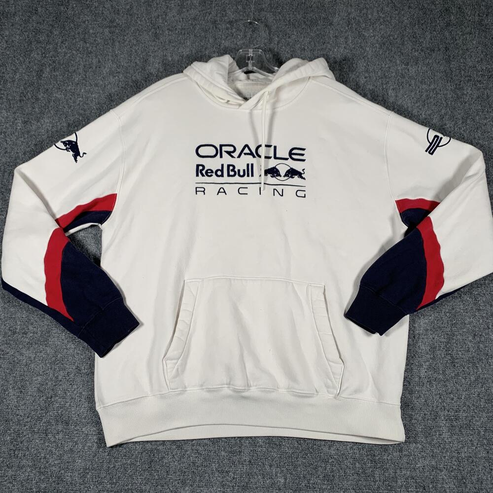 Hollister Hoodie Mens Large White Oracle Red Bull Racing Graphic Pullover Fleece